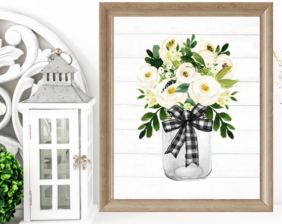 White Floral Bouquet in Mason Jar with Black Check Bow Print