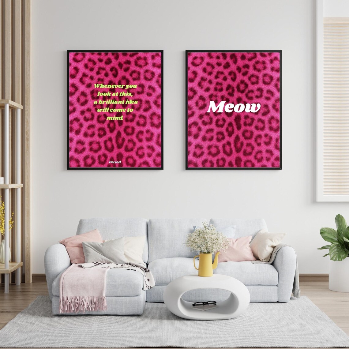Funky Set of 2 Pink Leopard Spot Motivational Meow Quote Wall Art
