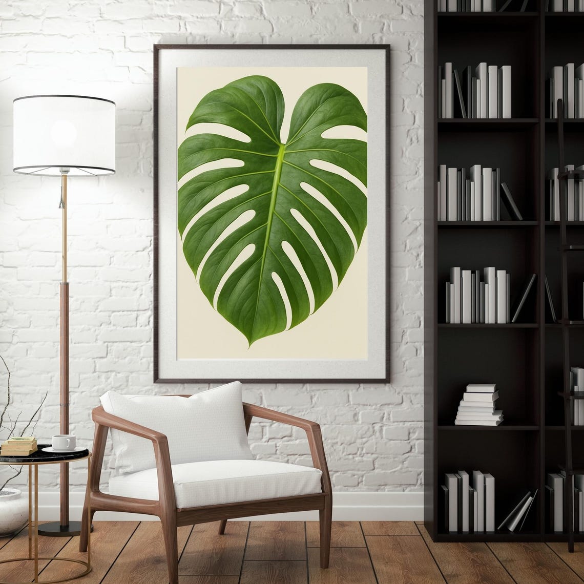 Single Monstera Leaf Cream Background Minimalist Botanical Art Poster