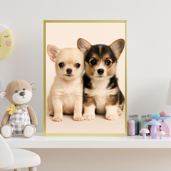 Chihuahua And Corgi Puppies Cute Portrait Nursery Dog Poster
