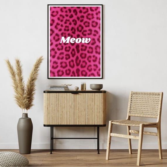 Meow Wall Art Pink Leopard Print Cat Quote Glam Pop For Sassy Decor Bedroom Office