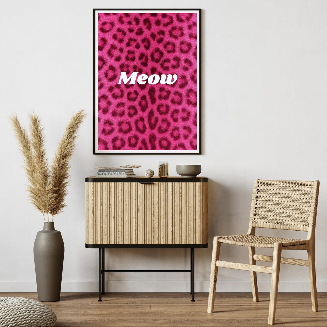 Meow Wall Art Pink Leopard Print Cat Quote Glam Pop For Sassy Decor Bedroom Office