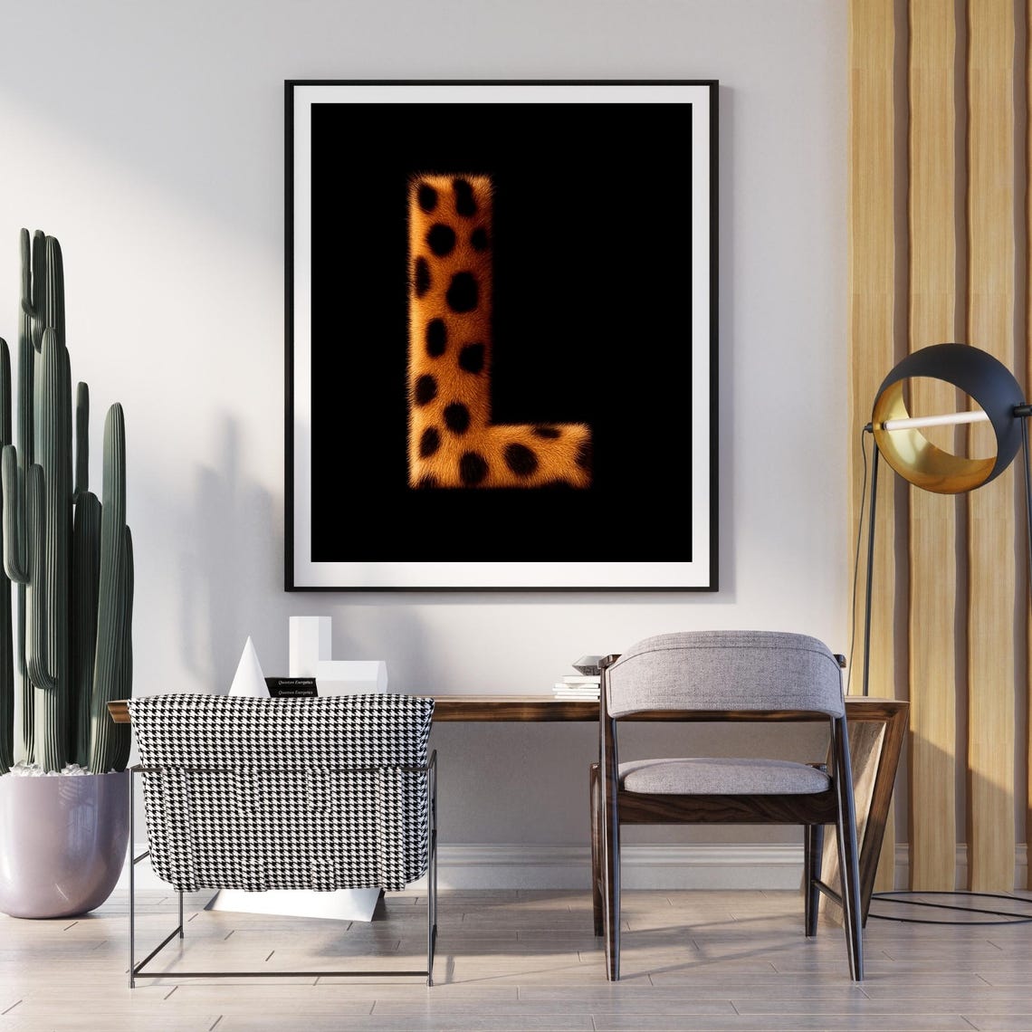 Leopard Spotted Letter L Monogram Bold Black Gold Statement Poster
