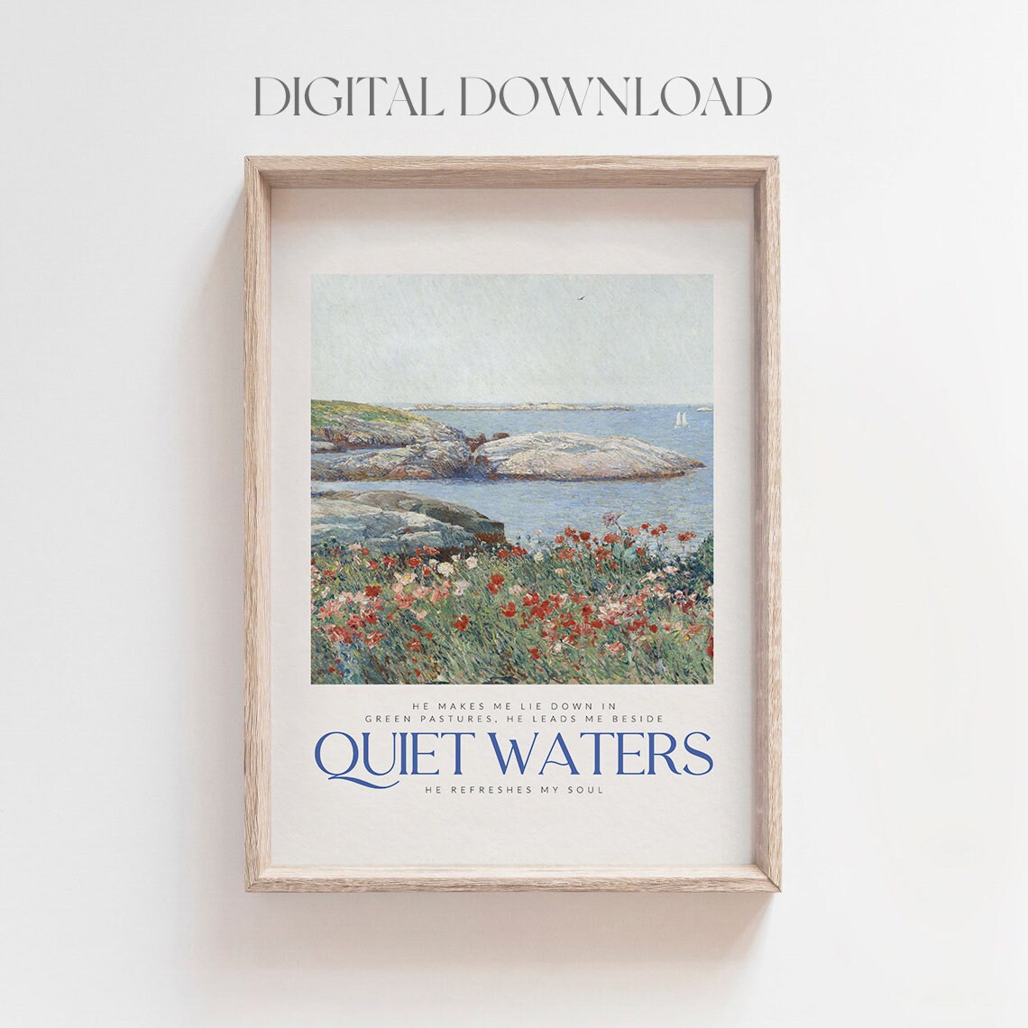 Quiet Waters Psalm 23 Coastal Rocky Shore Watercolor Christian Bible Poster - Image 2