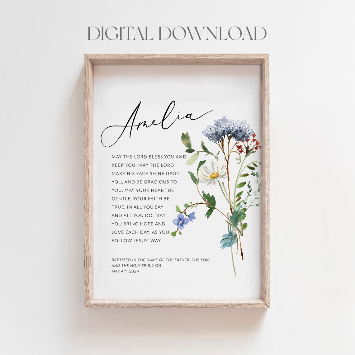 Personalized Baptism Print Custom Name Blue Wildflower Blessing Gift - Image 3