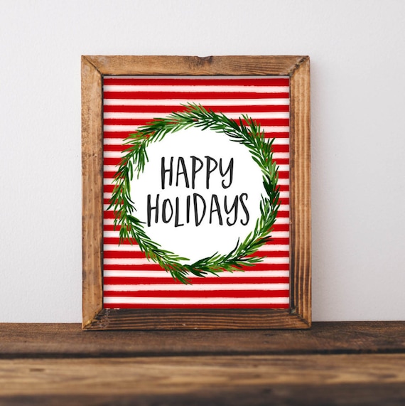 Happy Holidays Watercolor Wreath Christmas Striped Festive Poster