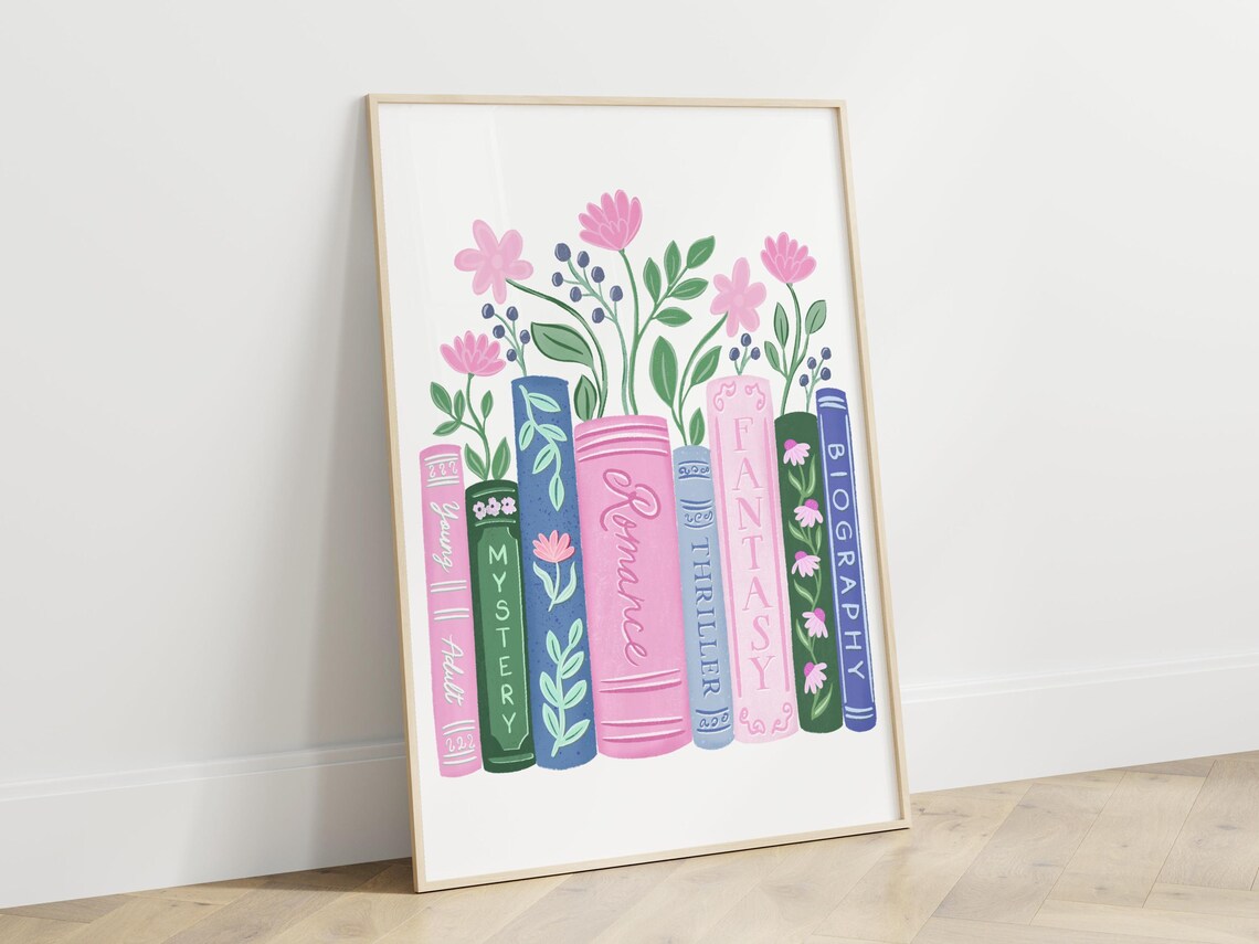 Floral Book Spines Romance Mystery Fantasy Bookshelf Decor Poster - Image 2