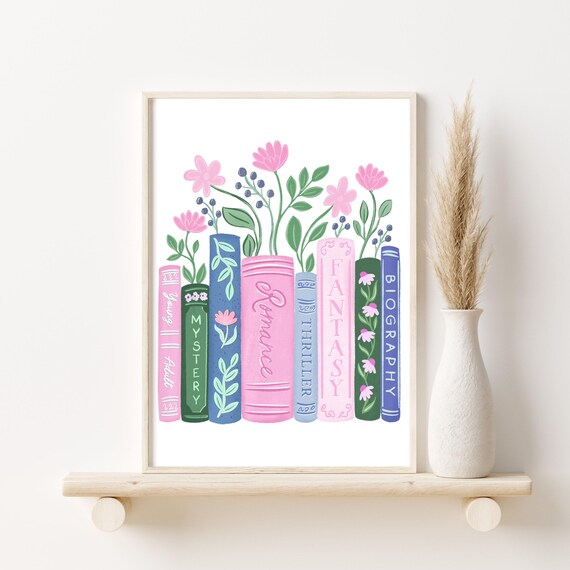 Floral Book Spines Romance Mystery Fantasy Bookshelf Decor Poster