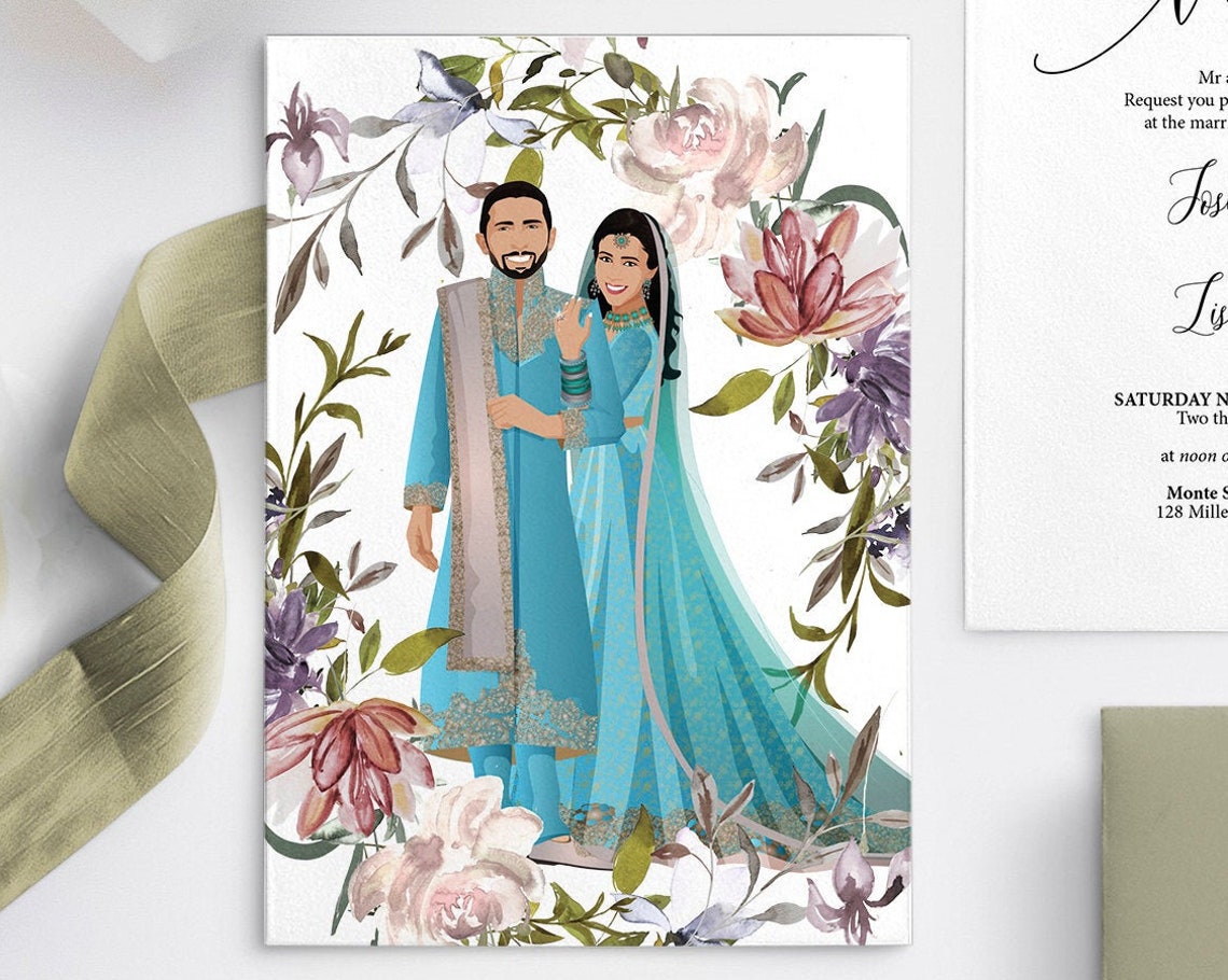 Wedding Invitation Hindu Wedding Pakistani Personal Portrait Couple Illustration Custom Drawing Hand Drawned