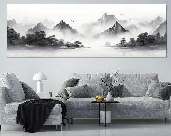 Chinese Style Print Landscape Art Nature Black White Art Mountain Print Living Room Decor Extra Large Wall Art Home Decor