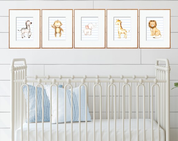Downloadbaby Boy Jungle Animals With Light Blue Stripes Printsnursery Decornursery Animalsjungle Animalsbaby Boy Wall Art
