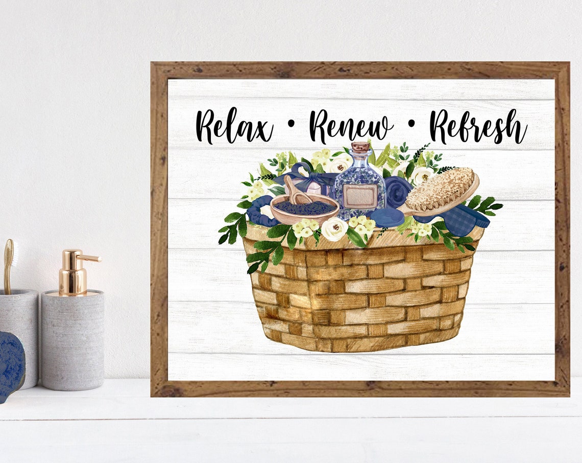 Relax Renew Refresh Navy Blue Woven Spa Basket Bathroom Wall Art