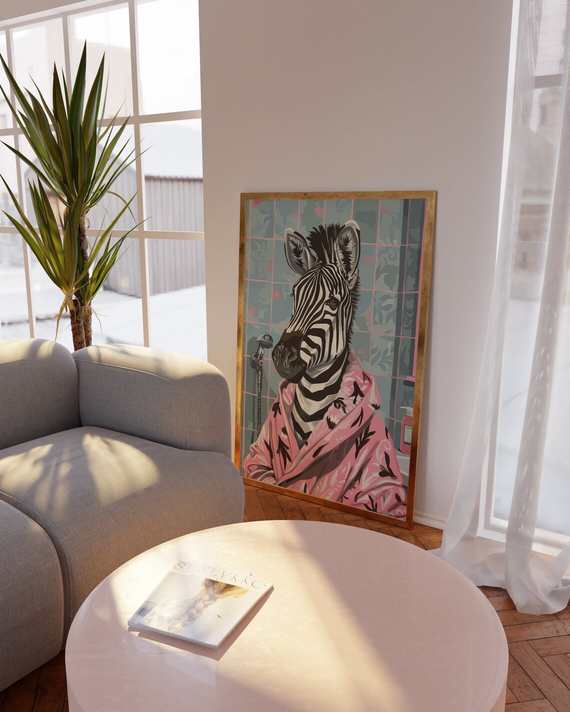 Playful Zebra in Pink Bathrobe Maximalist Bathroom Animal Poster - Image 4