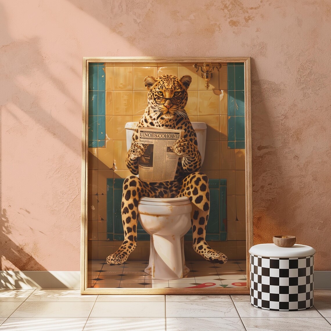 Leopard Reading Newspaper on Toilet Funny Bathroom Leopard Poster - Image 3