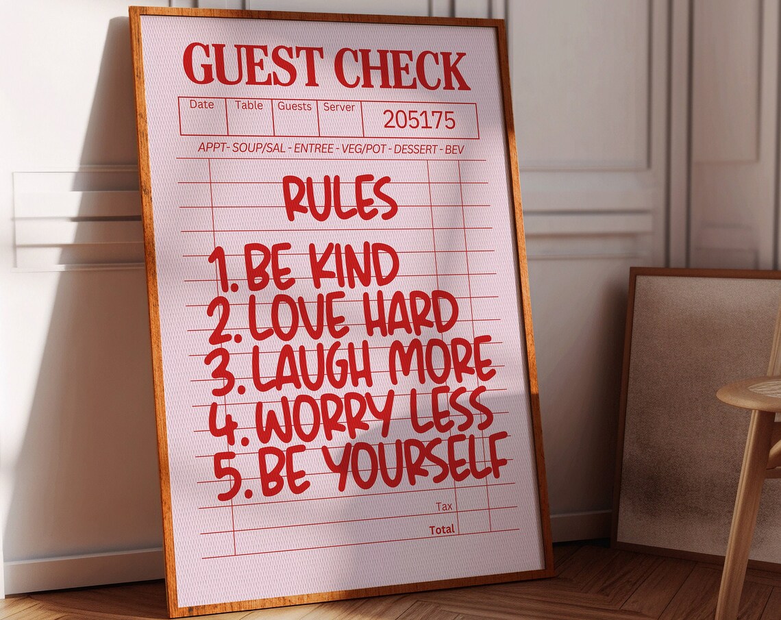 Guest Check House Rules Poster Print, Preppy Aesthetic