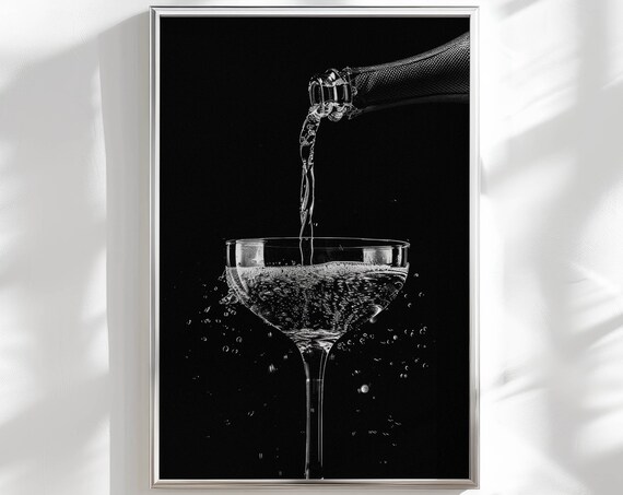 Champagne Bottle Pouring Coupe Black White Bar Cart Art Print