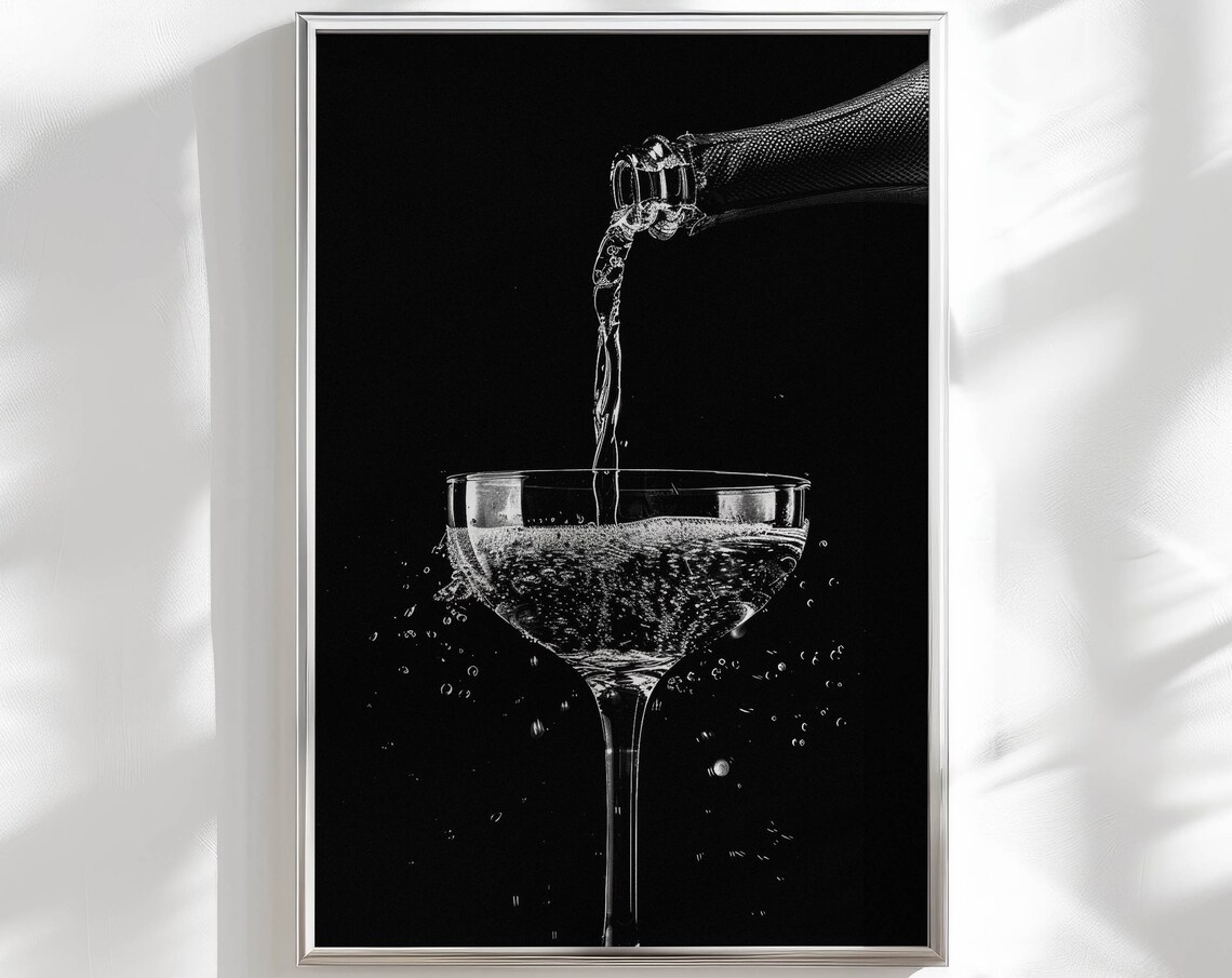 Champagne Bottle Pouring Coupe Black White Bar Cart Art Print