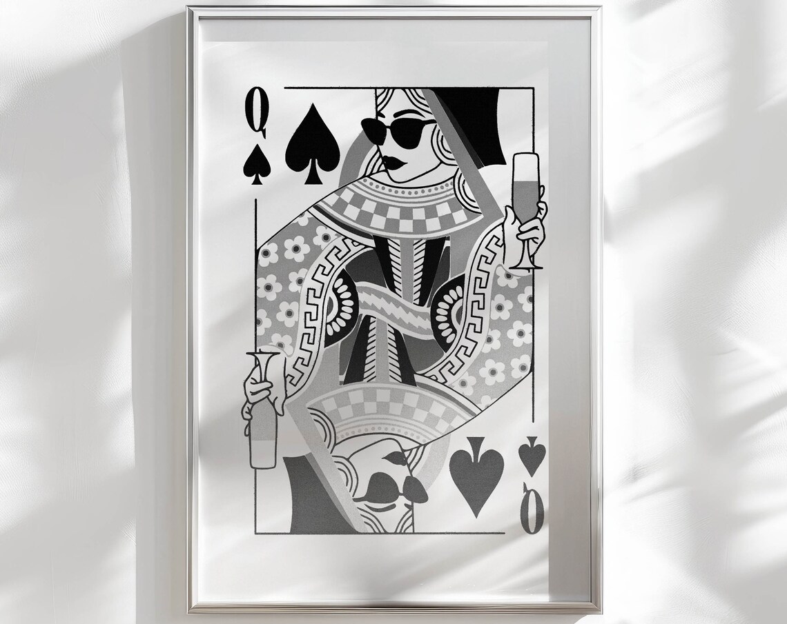 Queen of Spades Playing Card Sunglasses Black White Bar Cart Poster
