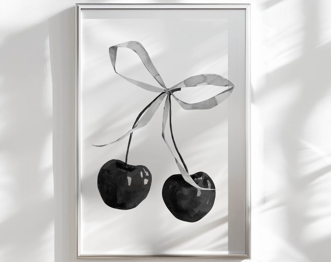 Black Cherries Watercolor Ribbon Bow Monochrome Fruit Art Poster