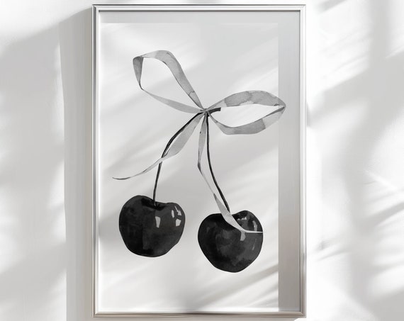 Cherry And Bow Wall Art Dorm Room Decor Black And White Art Trendy Wall Print College Apartment Wall Decor Girly Wall Art Funky Home Decor