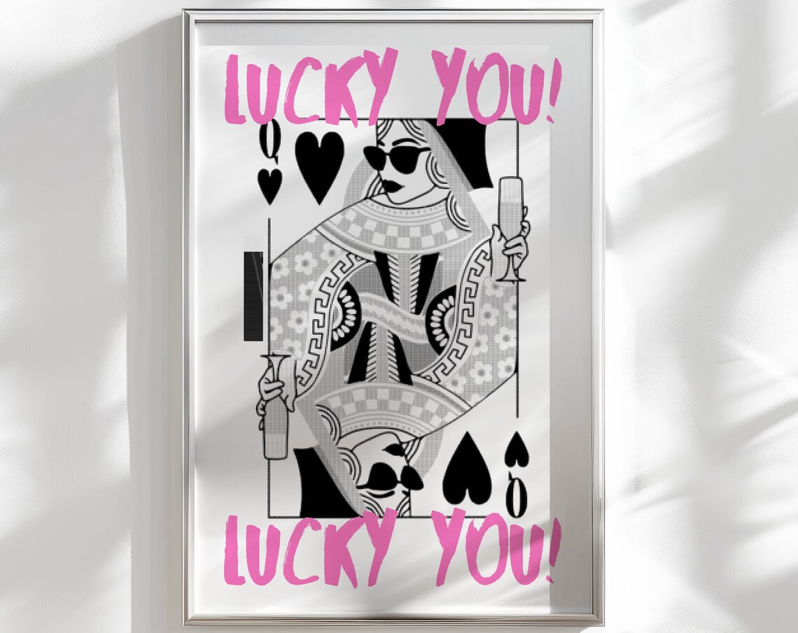 Queen Of Hearts Champagne Wall Art Lucky You Print Out Poster Aesthetic Room Decor Retro Funky Wall Art Cute Apartment Decor Bar Cart Print