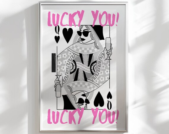 Queen Of Hearts Champagne Wall Art Lucky You Print Out Poster Aesthetic Room Decor Retro Funky Wall Art Cute Apartment Decor Bar Cart Print