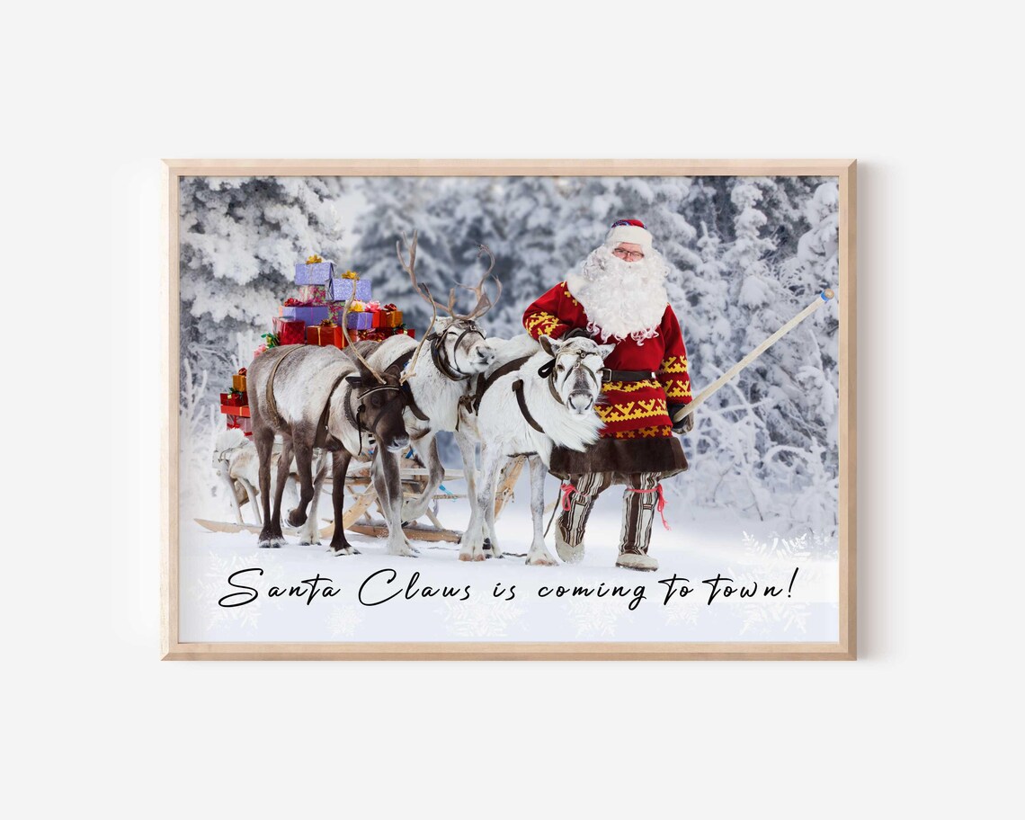 Santa Claus Reindeer Sleigh Snowy Christmas Photograph Art Poster - Image 2