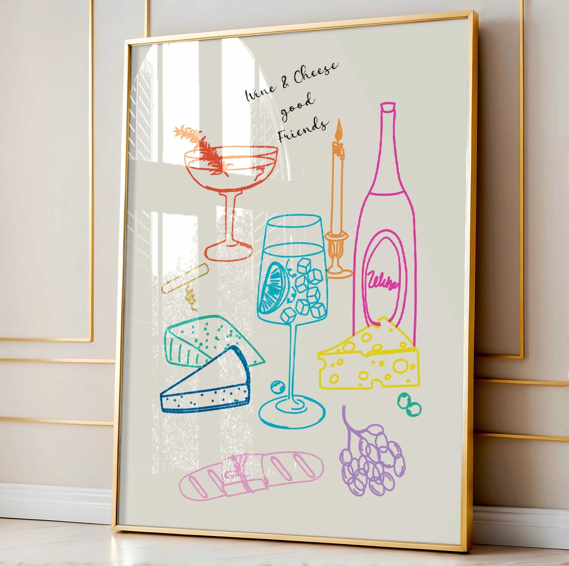 Wine And Cheese Good Friends Colorful Kitchen Gathering Art Poster - Image 2
