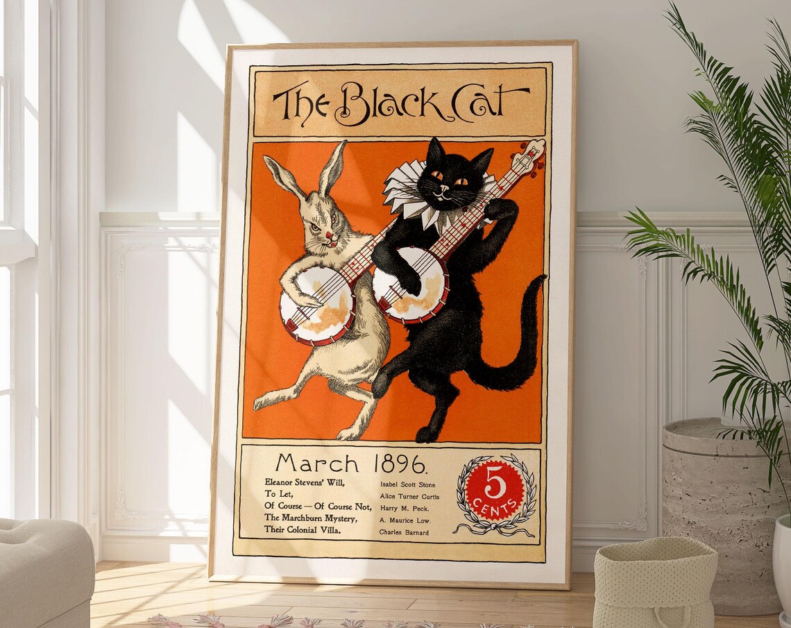 The Black Cat 1896 Vintage Magazine Cover Cat Rabbit Banjo Retro Poster