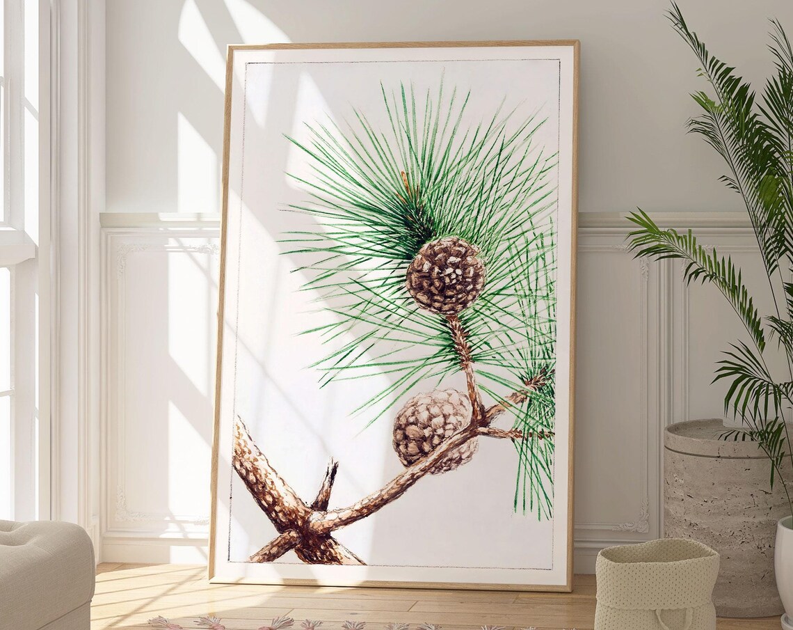Matsu Pine Branch With Cones Japanese Botanical Zen Watercolor Poster