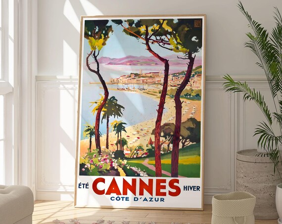 Cannes French Riviera Travel Poster Sunny Bay Beach Pine Trees View