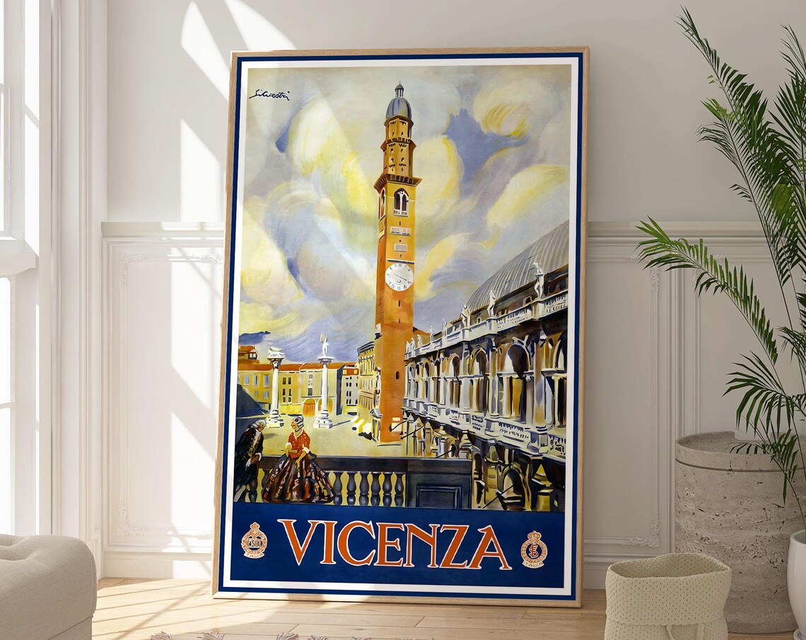 Vicenza Italy Vintage Travel Poster Old Town Bell Tower View