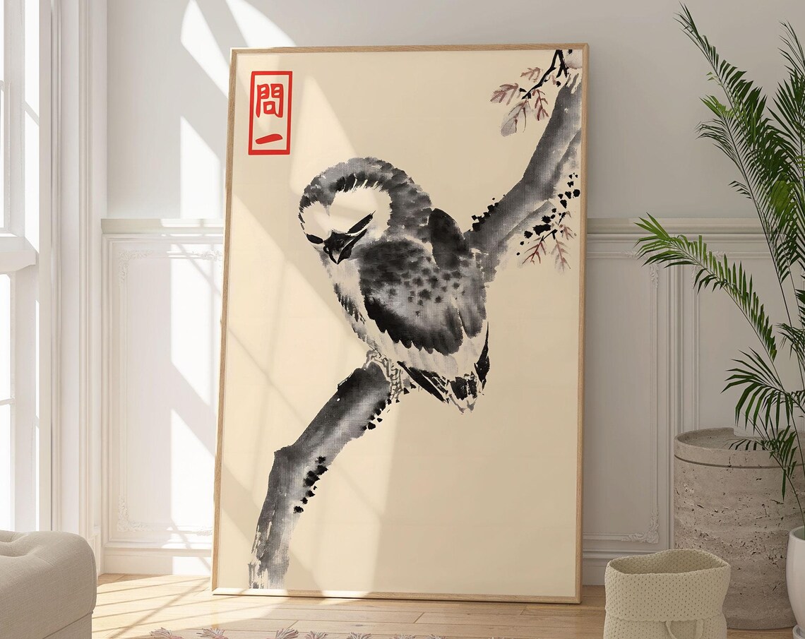 Hoji Owl Vintage Japanese Art Print, Minimalist
