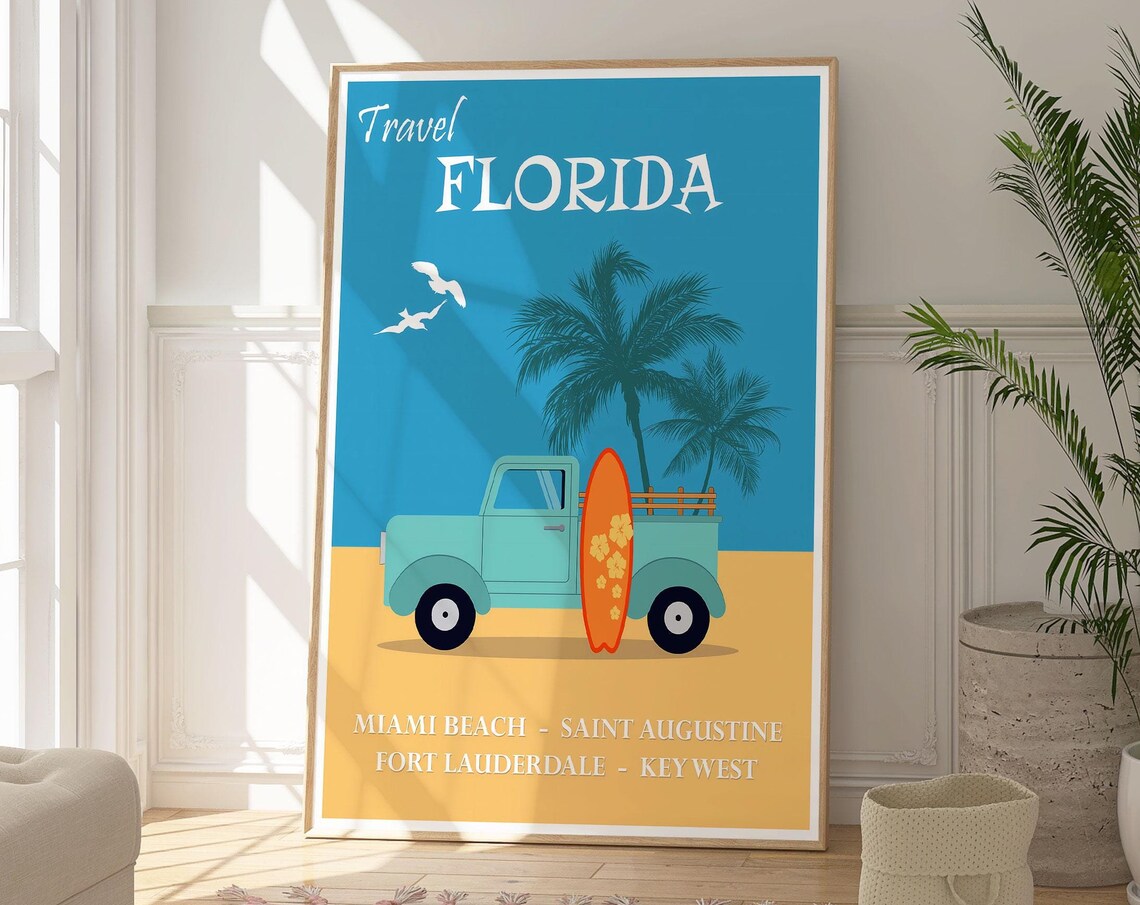 Florida Travel Poster Surf Truck Palm Beach Retro Coastal Decor Print