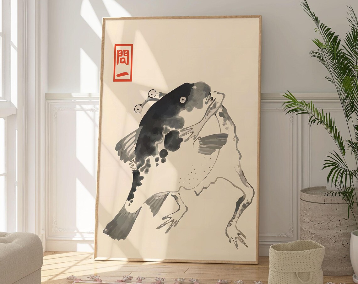 Matsumoto Hoji Frog and Fish, Vintage Ink Art Print