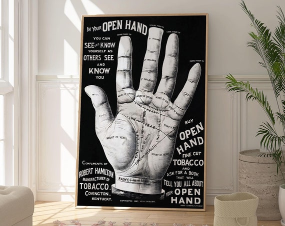 Open Hand Fortune Teller Art Poster Future Telling Artwork Original Gift Idea Psychic Wall Art Decor Gipsy Art Print Black And White