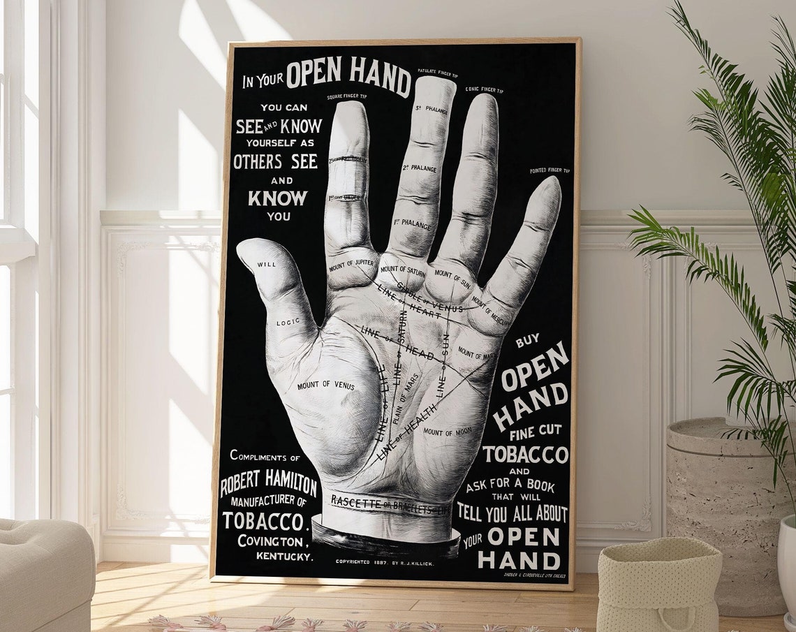 Open Hand Fortune Teller Art Poster Future Telling Artwork Original Gift Idea Psychic Wall Art Decor Gipsy Art Print Black And White