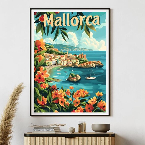 Mallorca Spain Vintage Travel Poster Coastal Town Bay Flowers Scene