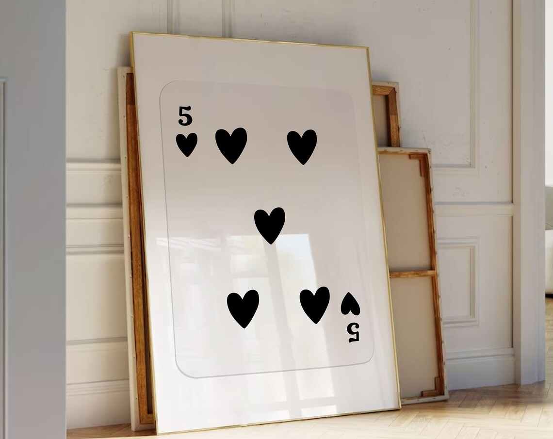 Five of Hearts Black Hearts Minimalist Playing Card Wall Art