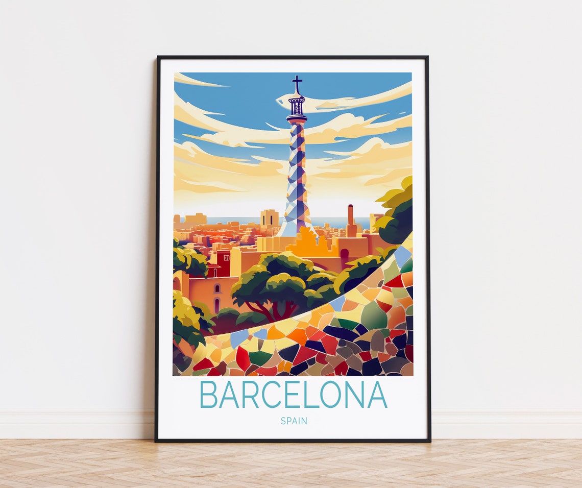 Barcelona Spain Park Guell Mosaic Terrace Over City View Poster