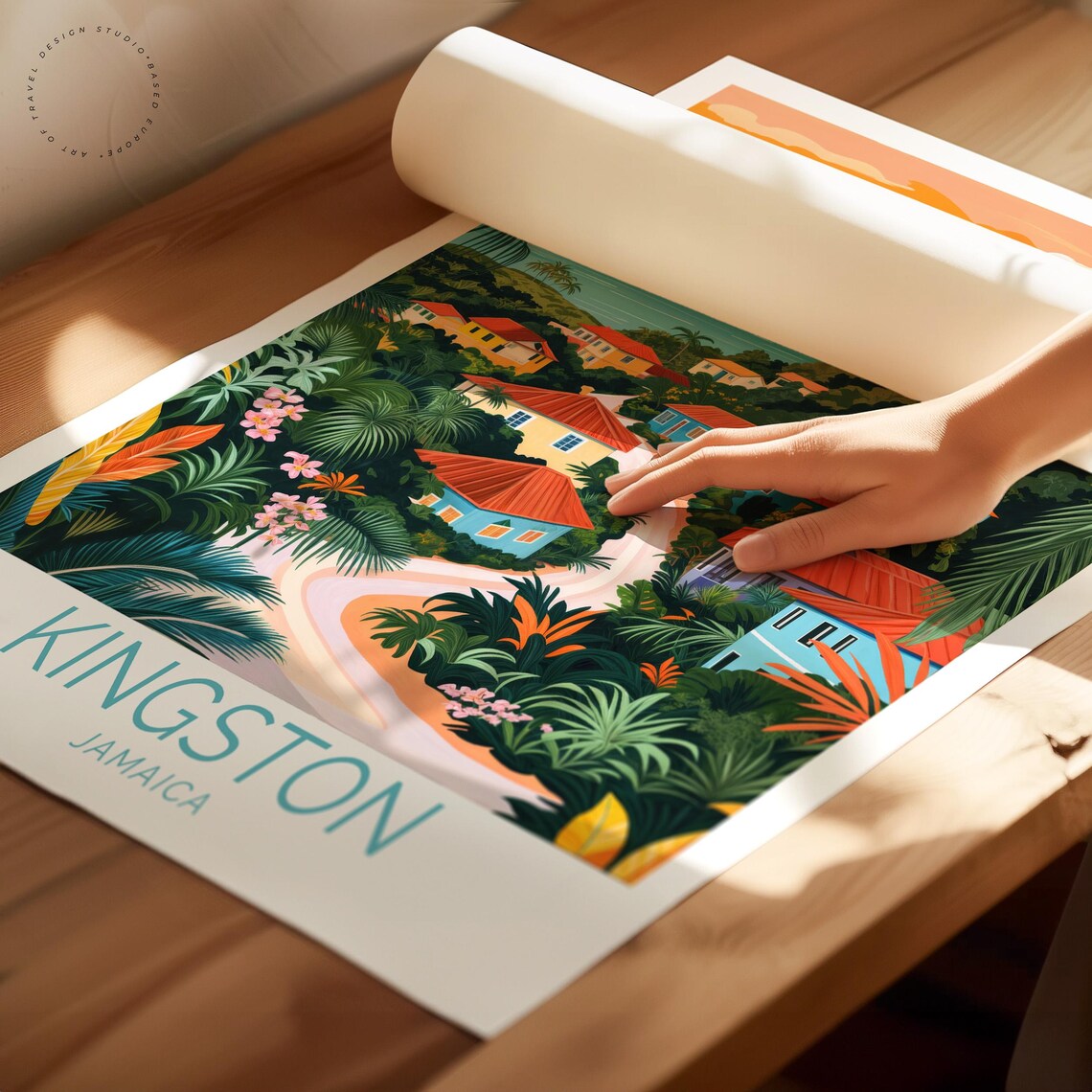 Kingston Jamaica Sunset Village Road Ocean View Tropical Travel Poster - Image 2