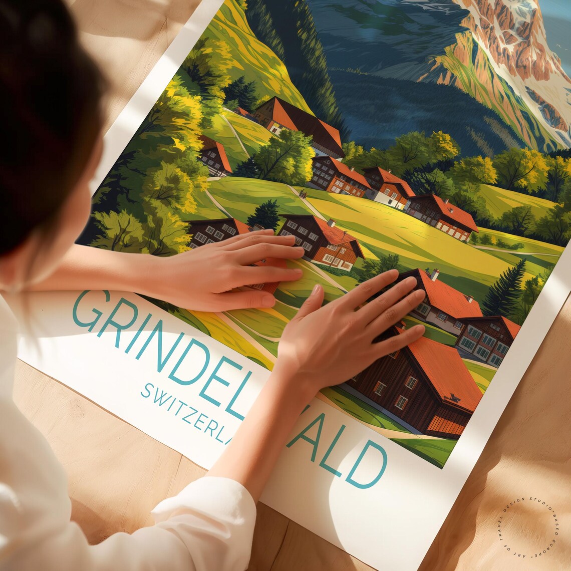 Grindelwald Switzerland Red Roof Chalets Green Meadow Summer Poster - Image 3