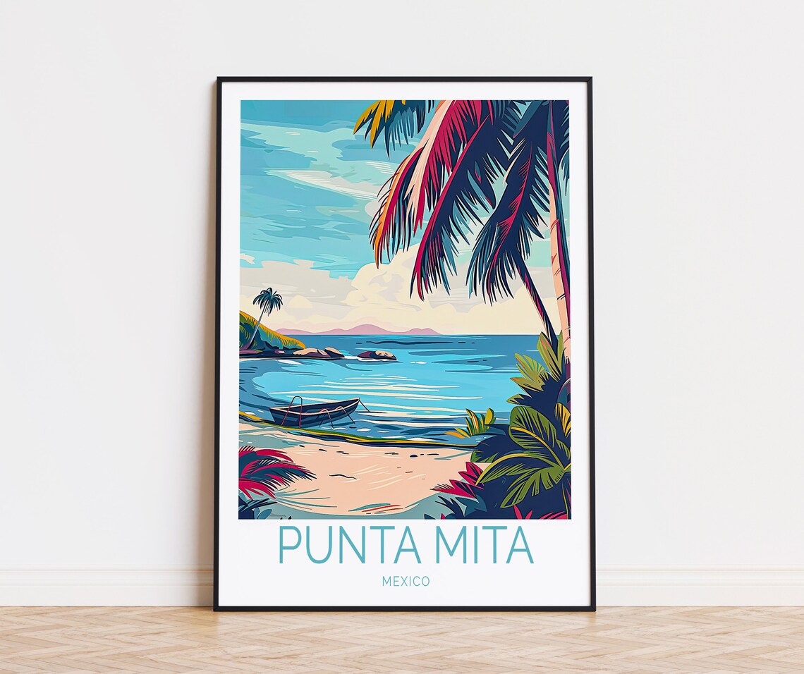 Punta Mita Mexico Secluded Beach Cove with Fishing Boat and Palms Poster
