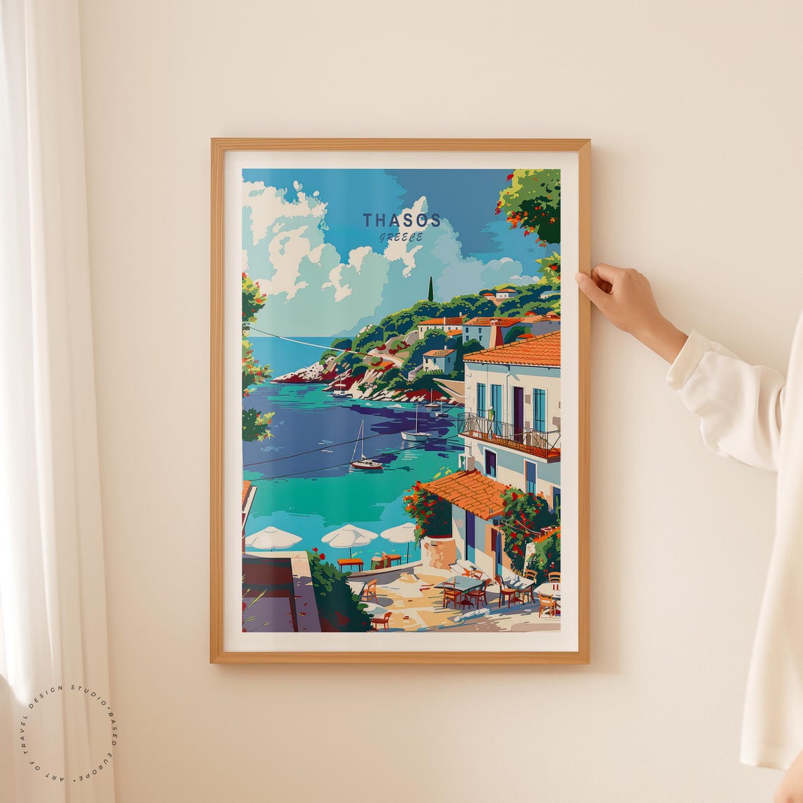 Thasos Greece Island Harbor Sailboats Taverna Shore Travel Poster - Image 2