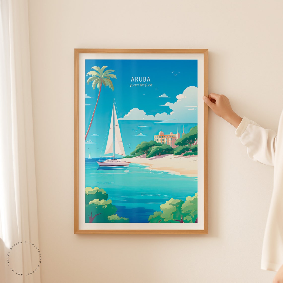 Aruba Caribbean Sailboat Beach Palm Tree Coastline Escape Poster - Image 2