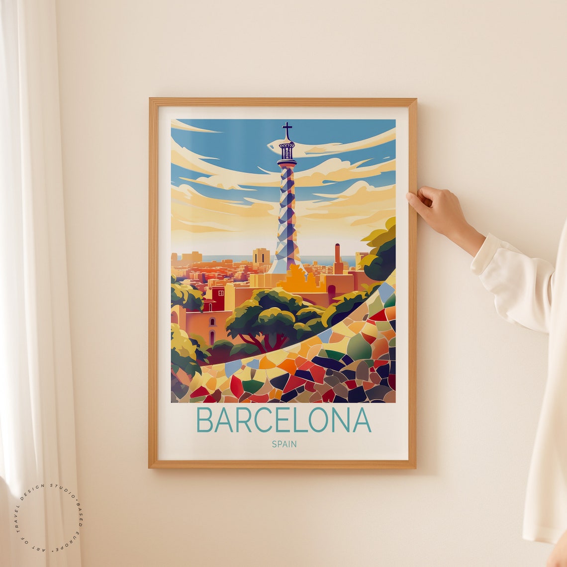 Barcelona Spain Park Guell Mosaic Terrace Over City View Poster - Image 3