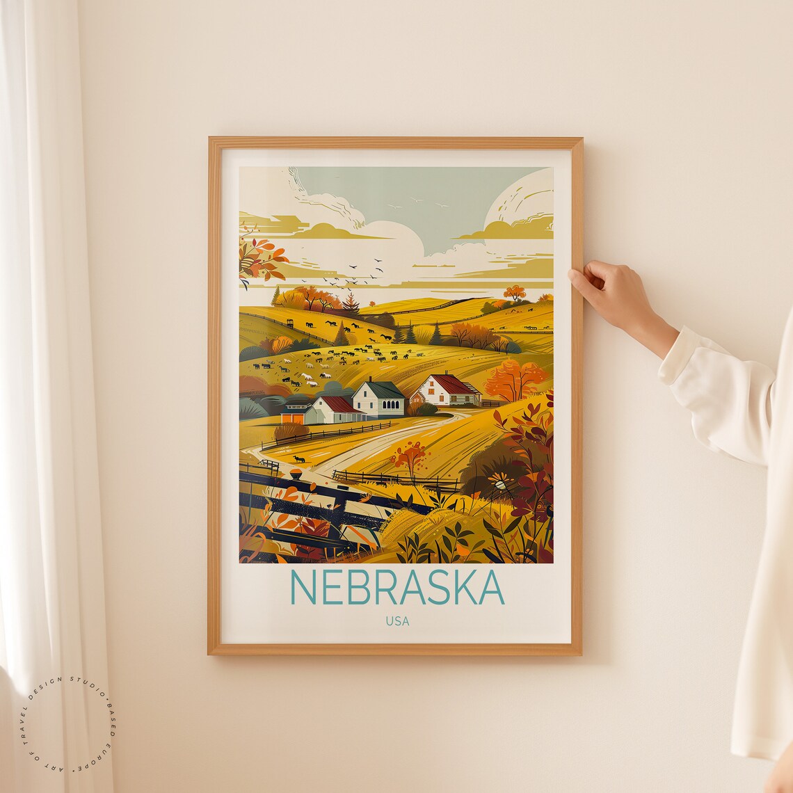 Nebraska USA Autumn Farmland Barns Cattle Rolling Hills Travel Poster - Image 3