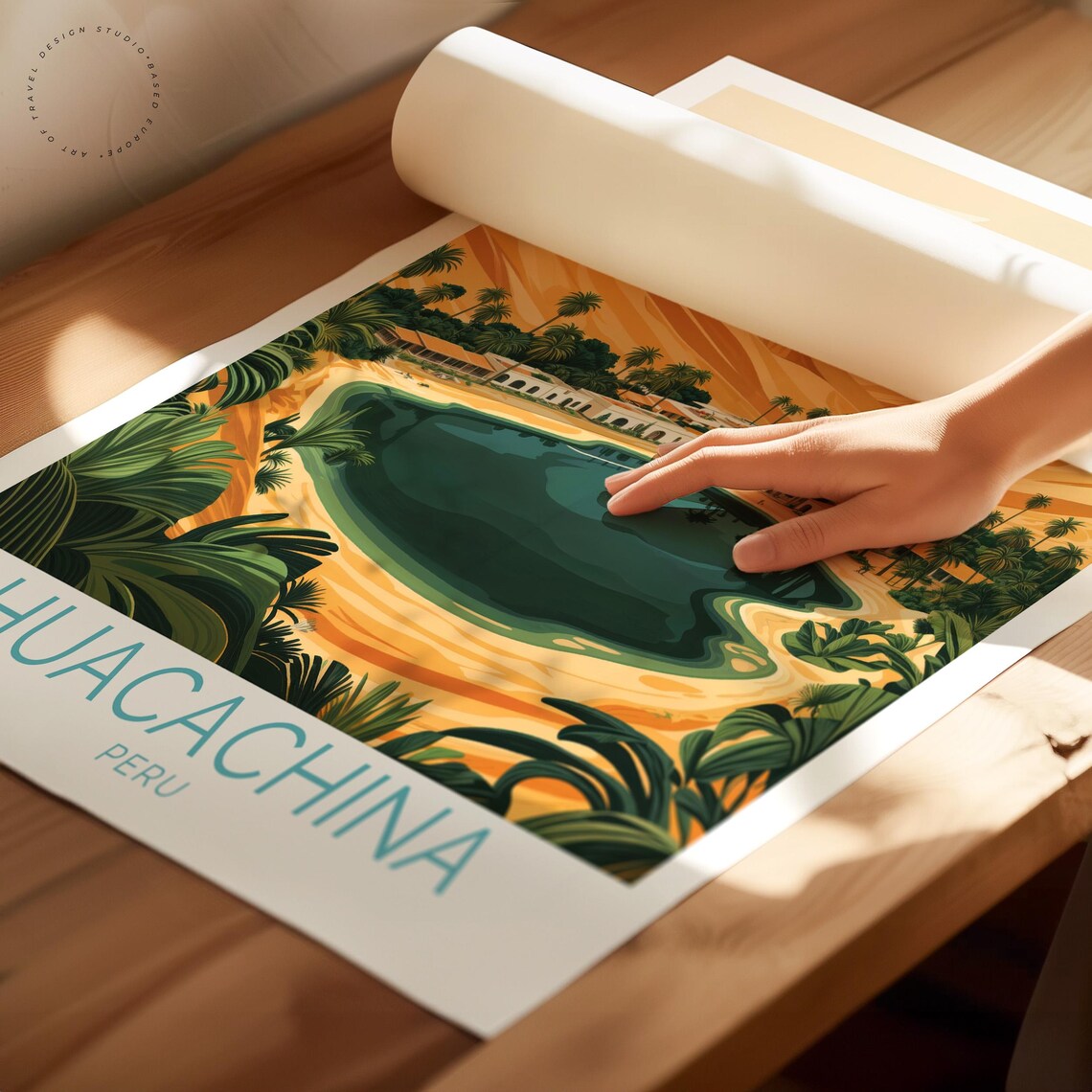 Huacachina Peru Golden Sand Dunes Emerald Lagoon Travel Poster - Image 2