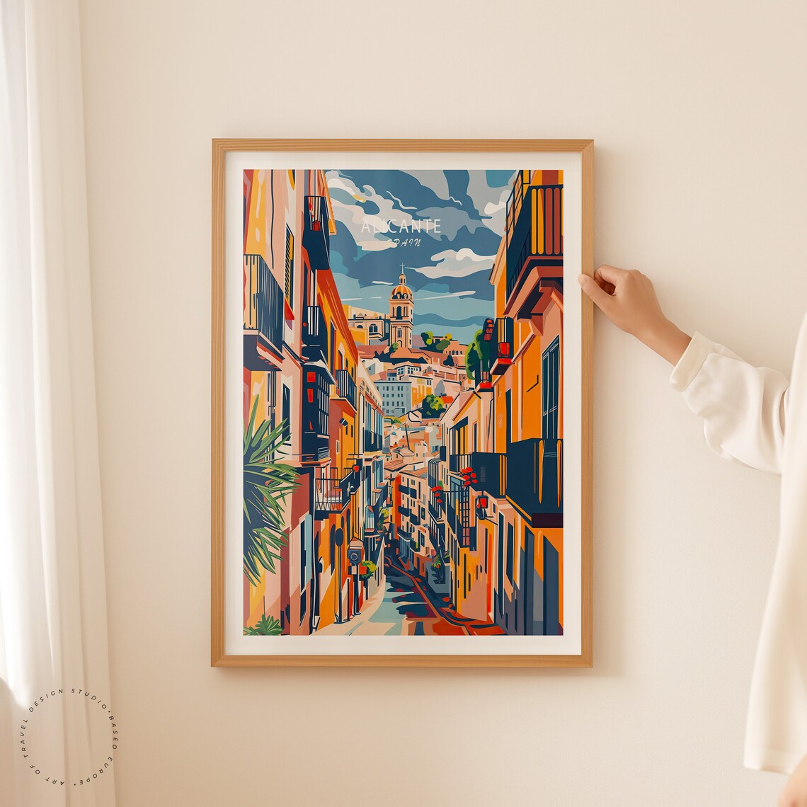 Alicante Spain Old Town Street with Cathedral Spire Travel Poster - Image 2