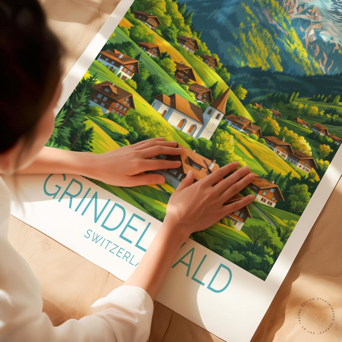 Grindelwald Switzerland Alpine Village Church Mountain Travel Poster - Image 3